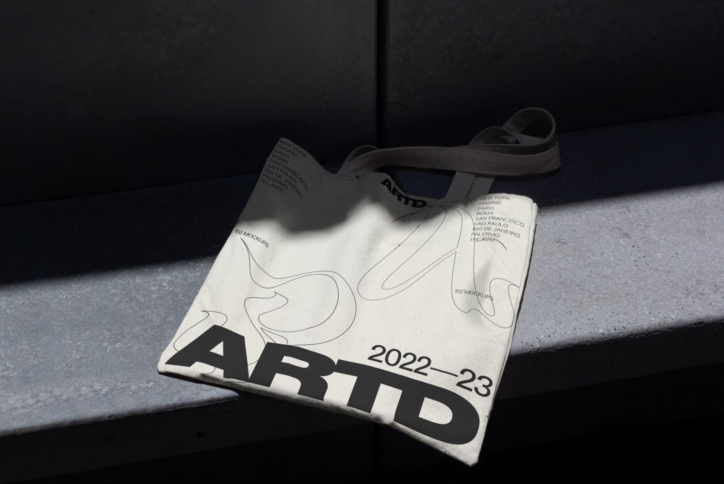 Canvas tote bag mockup with typography design resting on concrete steps in sunlight and shadow, showcasing contrast for graphic display.